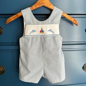 Smocked Sail Boat and Dolphin Seersucker Jon Jon